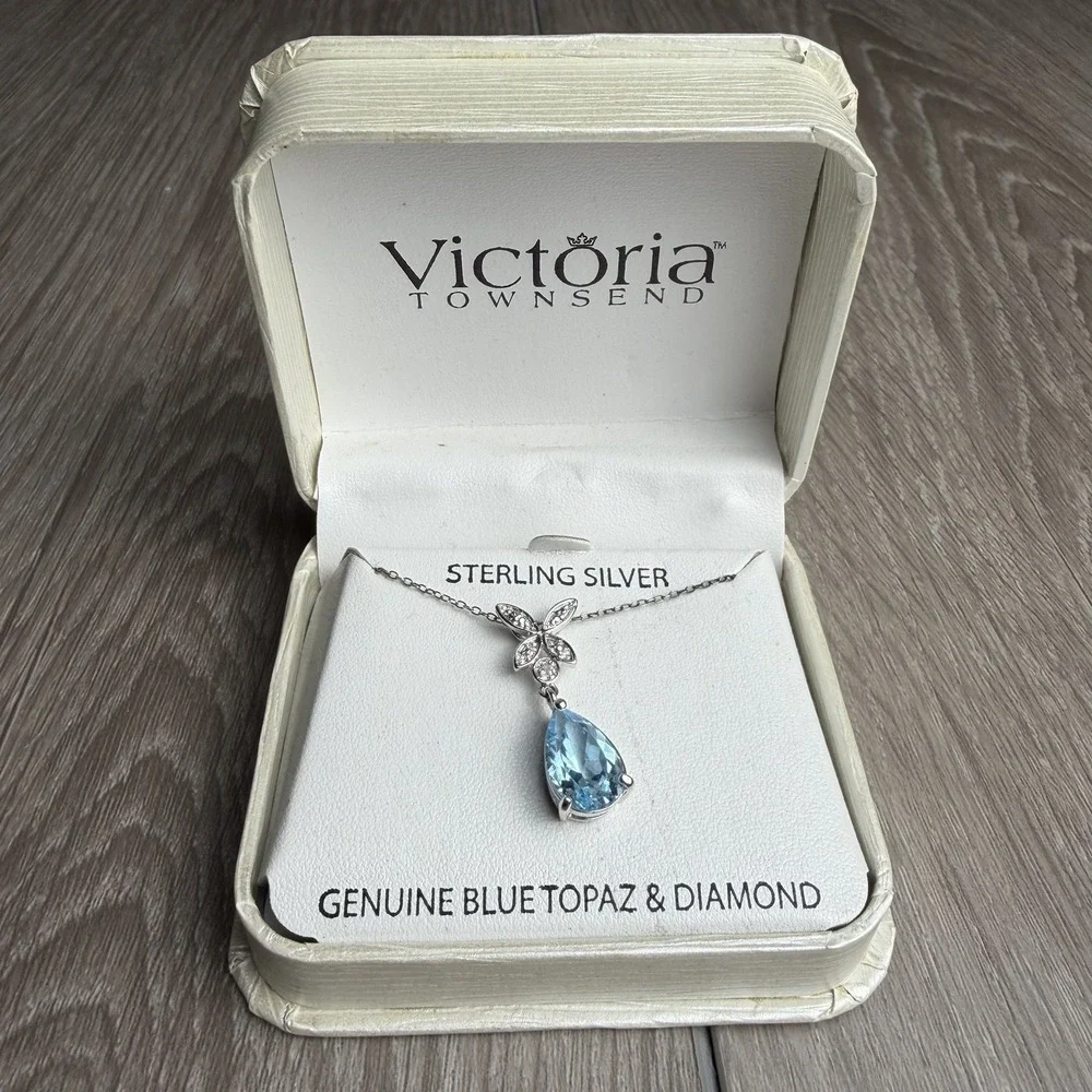 Victoria Townsend Blue Topaz Diamond Pendant Necklace Sterling Silver 925 New